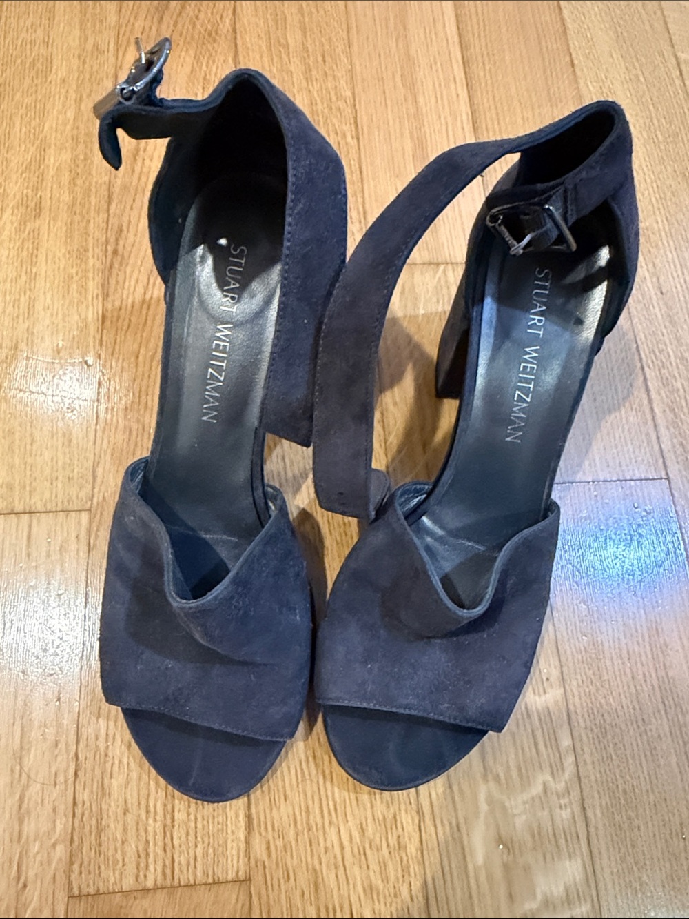 Stuart Weitzman Navy Suede Ankle-Strap Block Heels